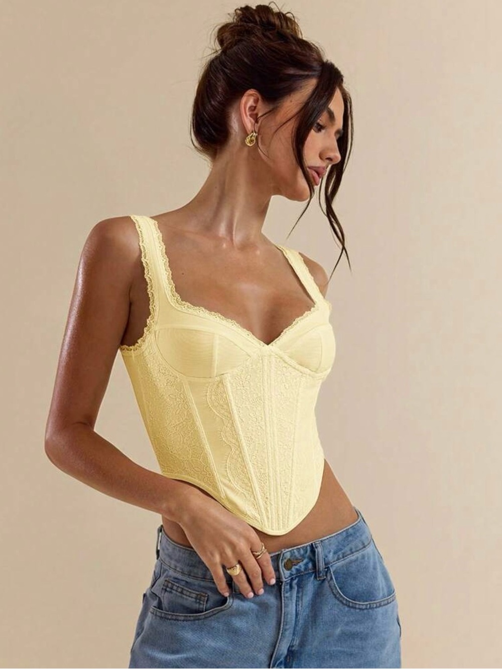 SHEIN Pale Yellow Lace Corset Tank Top